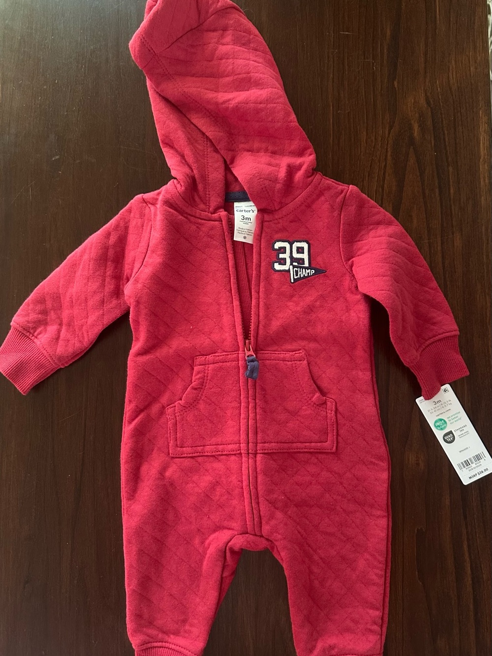 Carter's Red Quilted Hooded One-Piece with '39 Champ' Patch